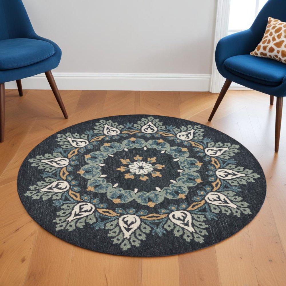 4' Round Black Floral Paradise Area Rug