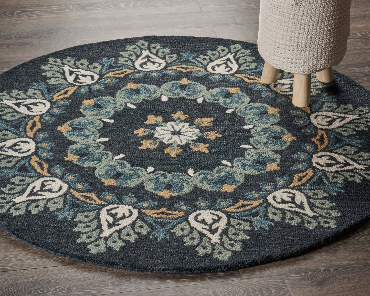 4' Round Black Floral Paradise Area Rug