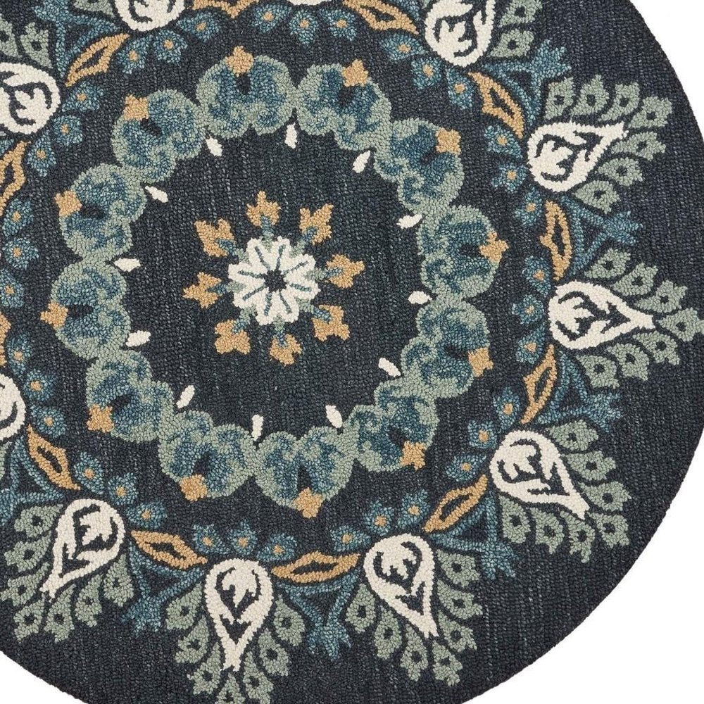 4' Round Black Floral Paradise Area Rug