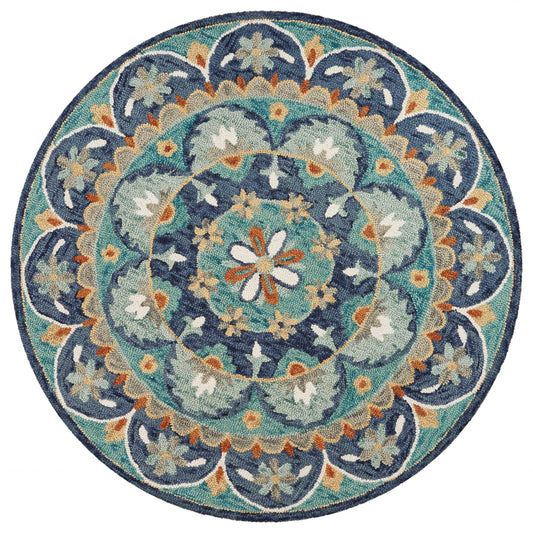 4' Round Blue Floral Mandala Area Rug