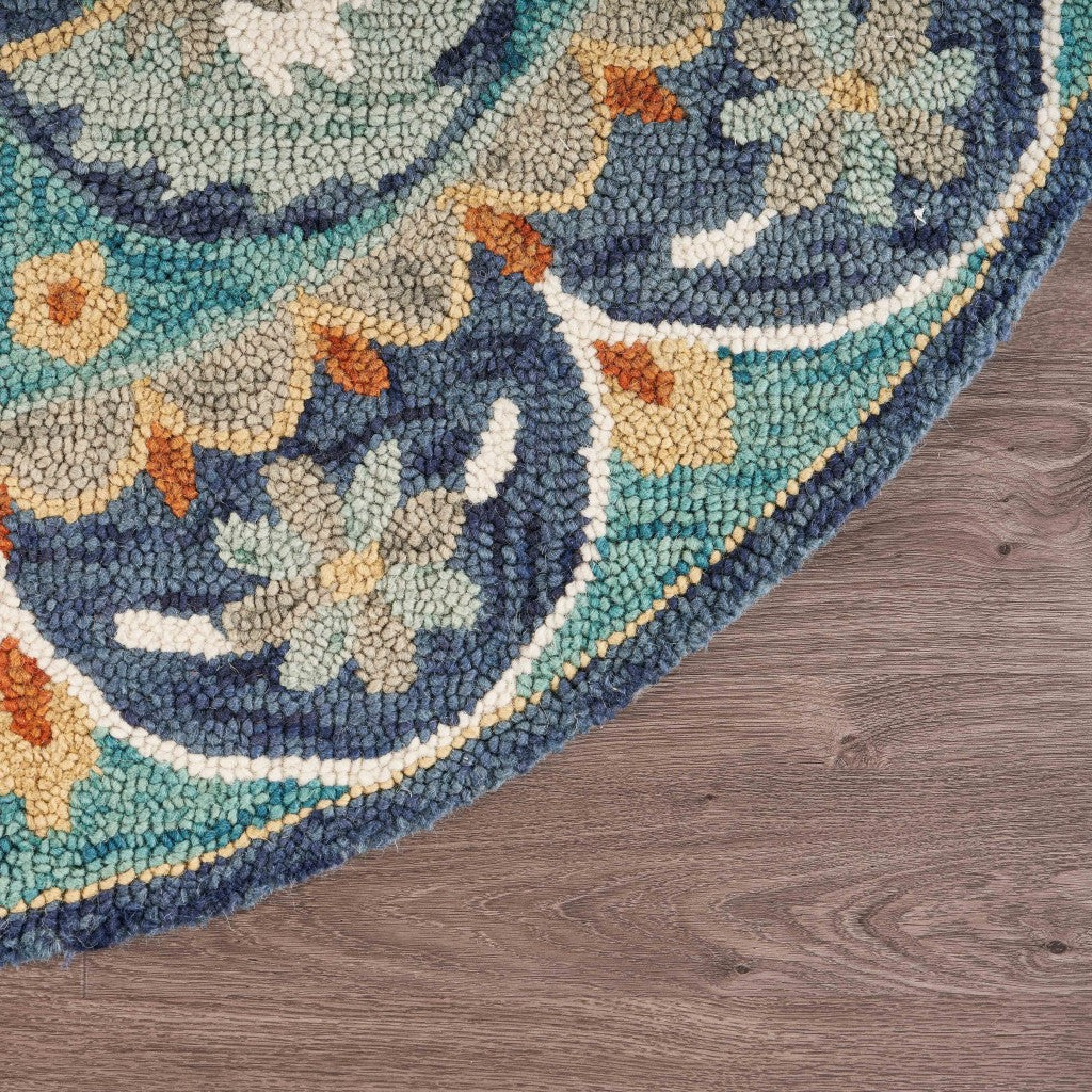 4' Round Blue Floral Mandala Area Rug