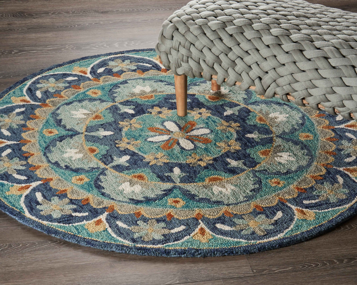 4' Round Blue Floral Mandala Area Rug