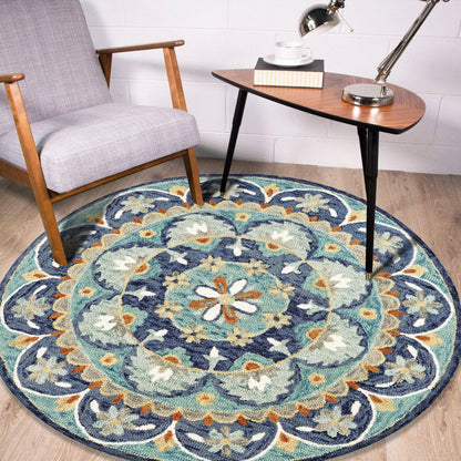 4' Round Blue Floral Mandala Area Rug