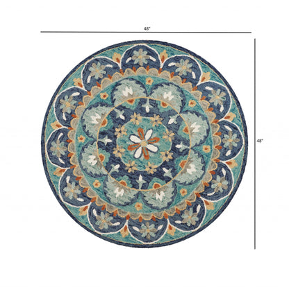 4' Round Blue Floral Mandala Area Rug