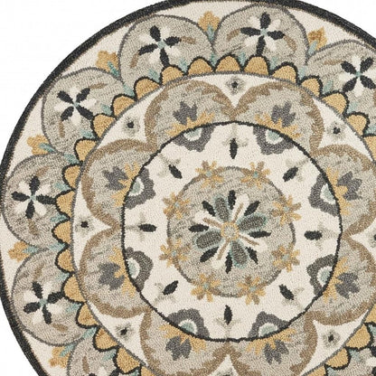 4' Round Gray And Ivory Floral Bloom Area Rug