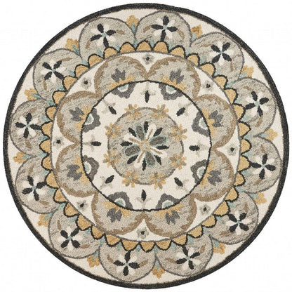 4' Round Gray And Ivory Floral Bloom Area Rug