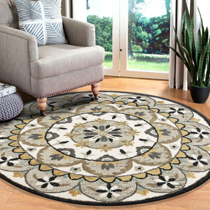 4' Round Gray And Ivory Floral Bloom Area Rug