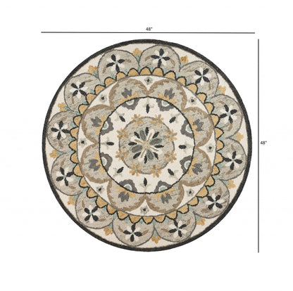 4' Round Gray And Ivory Floral Bloom Area Rug