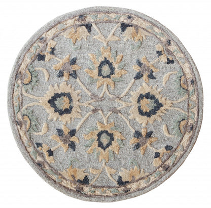 3' Round Beige and Blue Round Wool Floral Hand Woven Area Rug