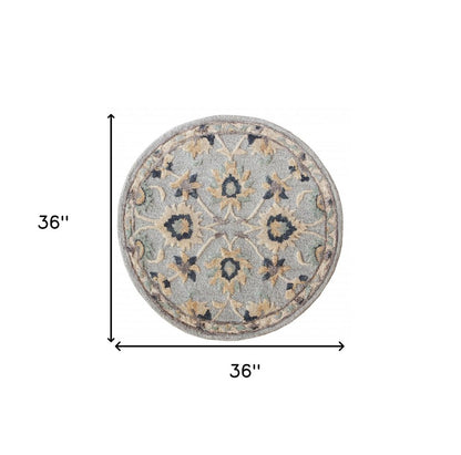 3' Beige And Blue Wool Floral Hand Woven Round Rug