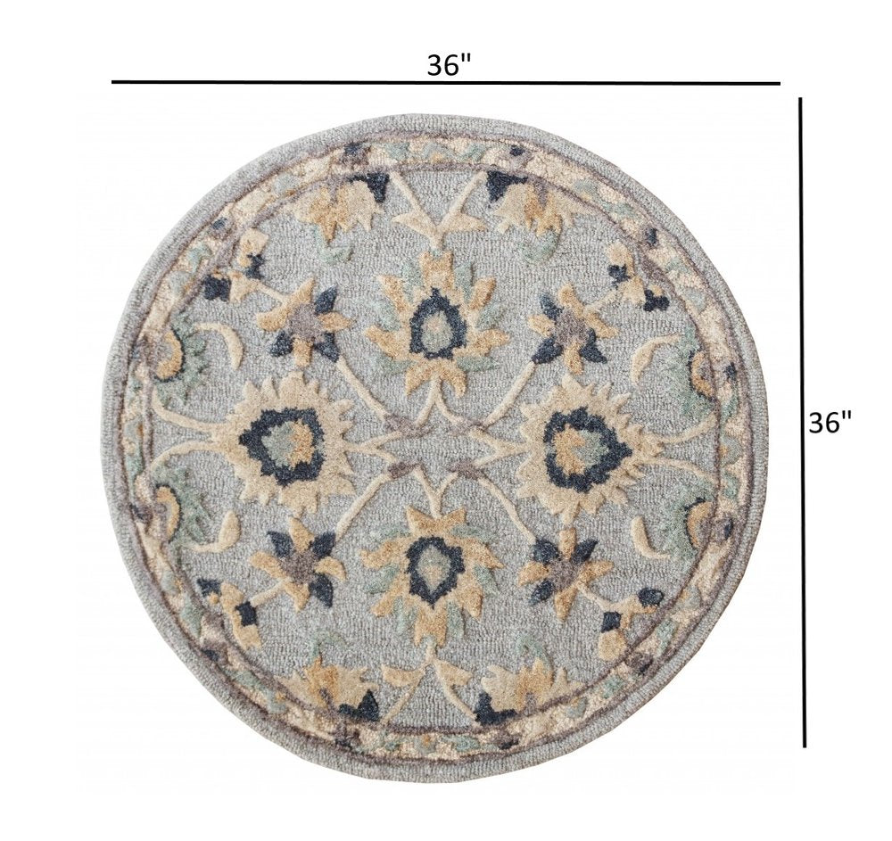 3' Beige And Blue Wool Floral Hand Woven Round Rug