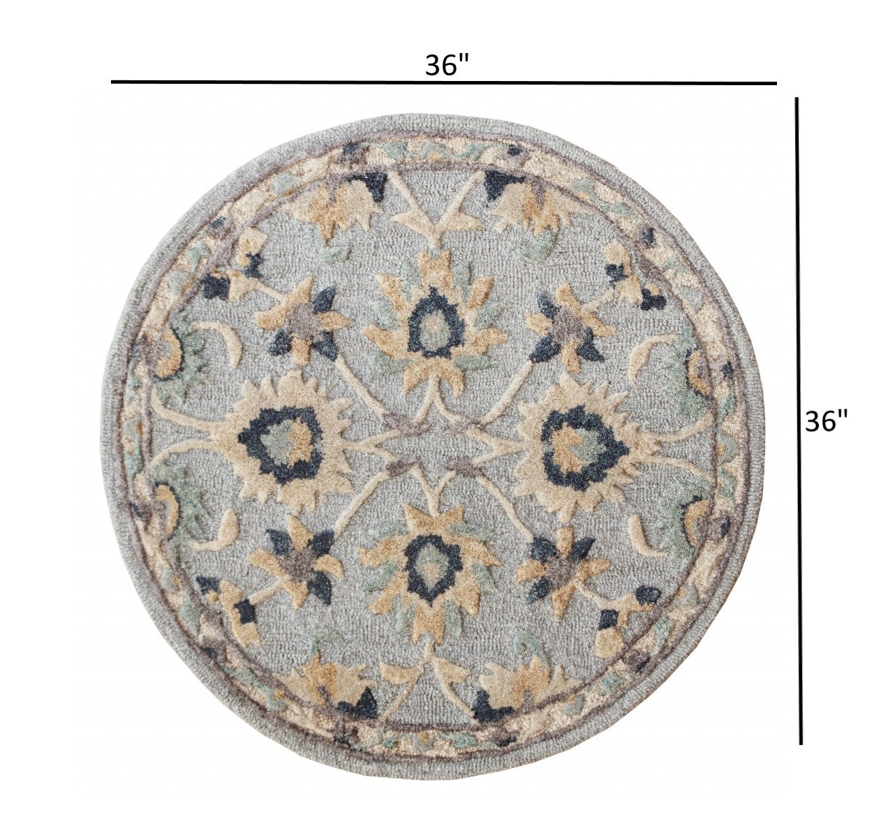 3' Round Beige and Blue Round Wool Floral Hand Woven Area Rug