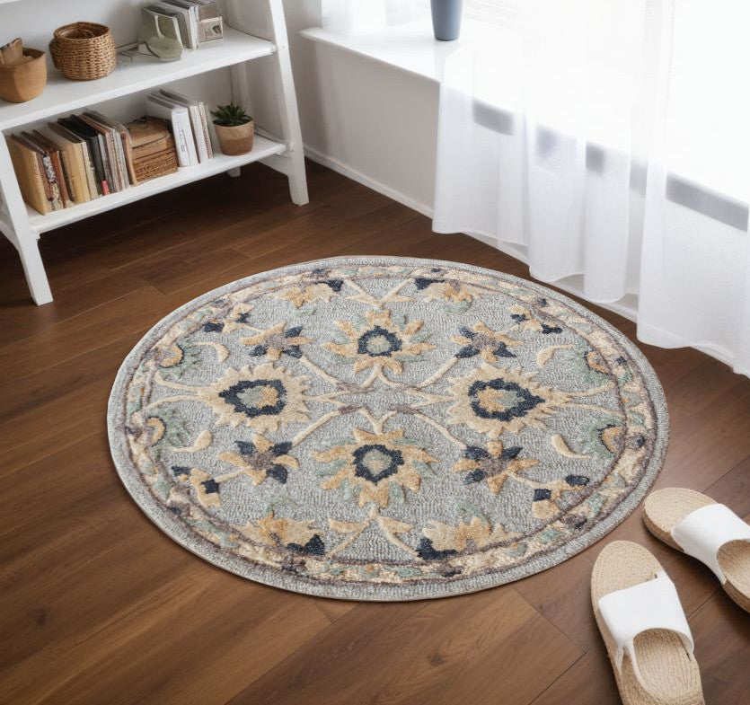 3' Round Beige and Blue Round Wool Floral Hand Woven Area Rug