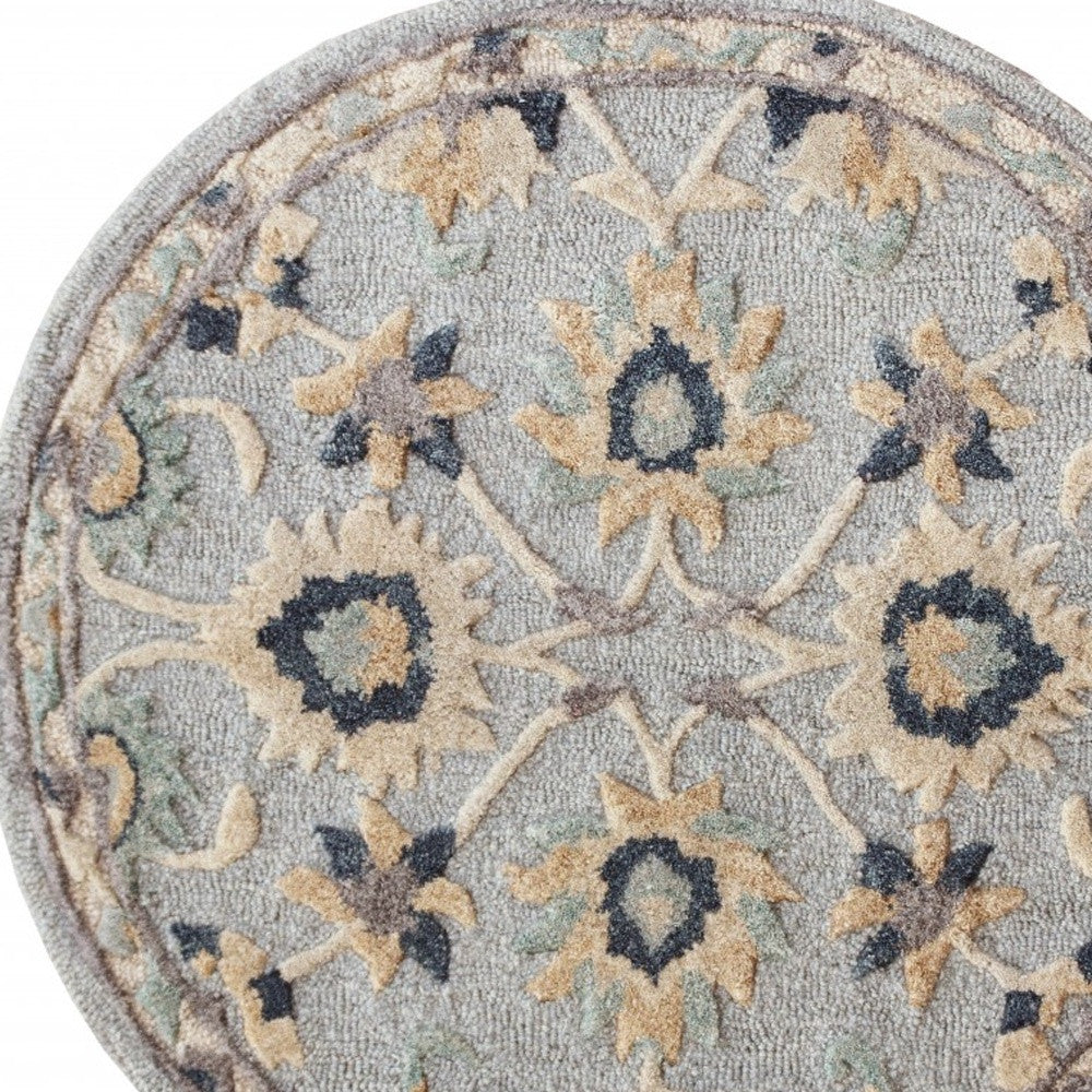 3' Round Beige and Blue Round Wool Floral Hand Woven Area Rug