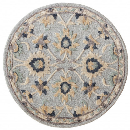 3' Round Beige and Blue Round Wool Floral Hand Woven Area Rug