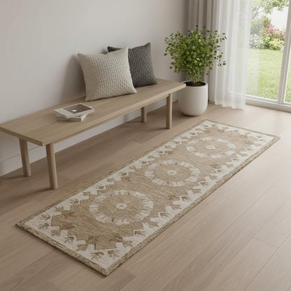 2' X 7' Tan Retro Modern Medallion Runner Rug