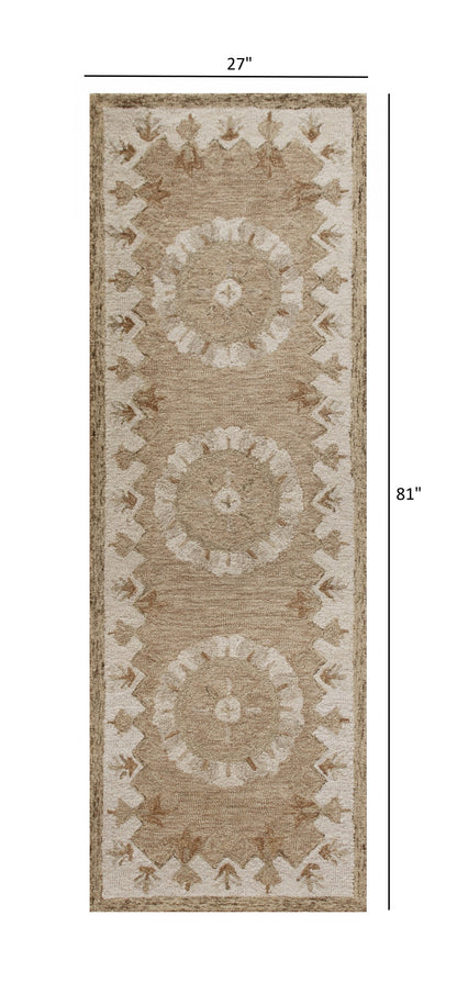 2' X 7' Tan Retro Modern Medallion Runner Rug