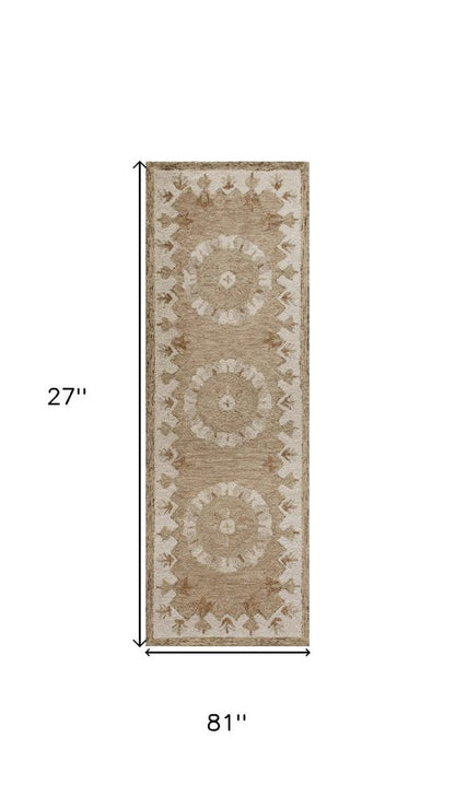 2' X 7' Tan Retro Modern Medallion Runner Rug
