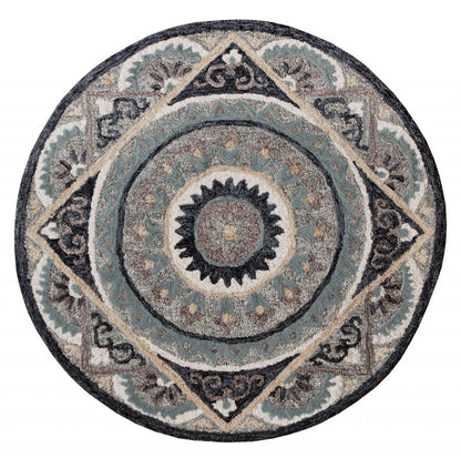 3' Round Gray Geometric Medallion Area Rug