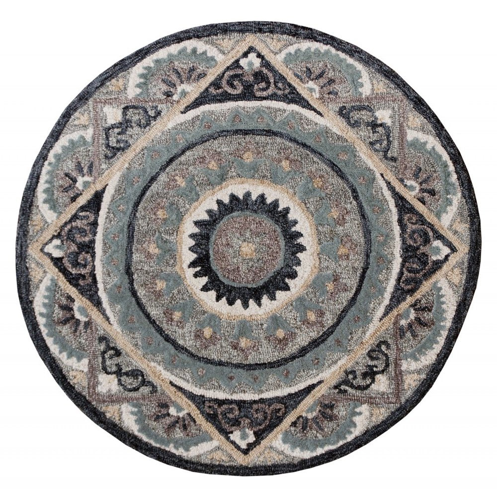 3' Round Gray Geometric Medallion Area Rug