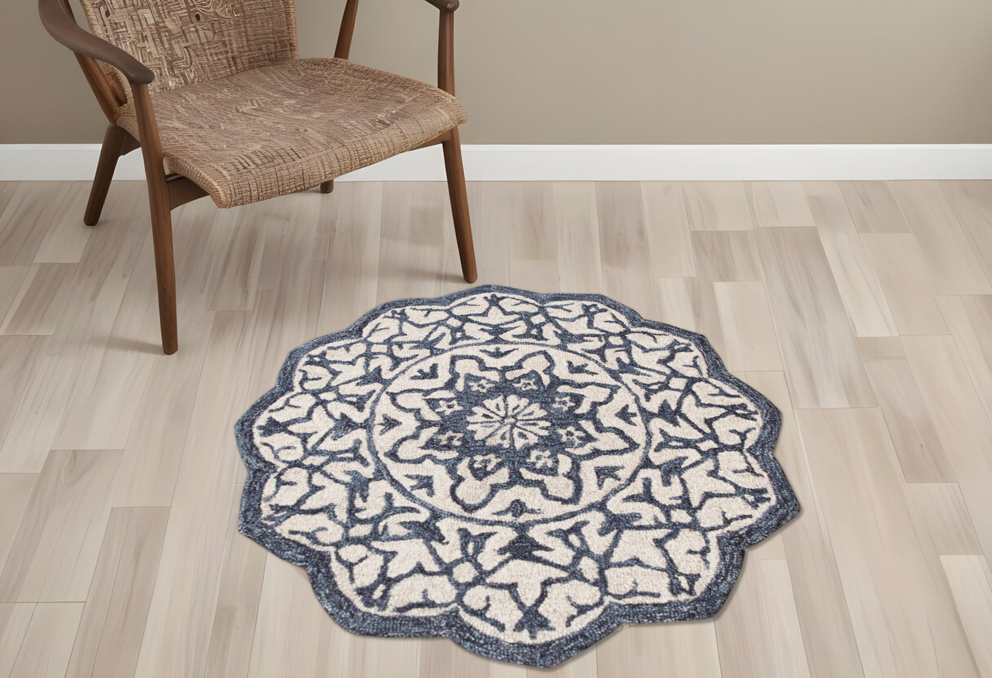 3' Round Navy And White Decorative Area Rug