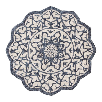 3' Round Navy And White Decorative Area Rug