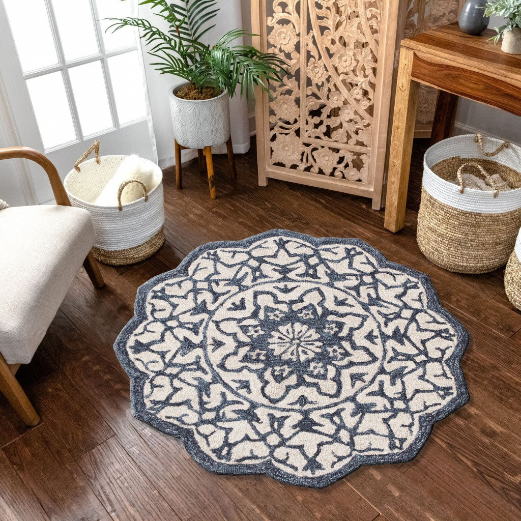 3' Round Navy And White Decorative Area Rug