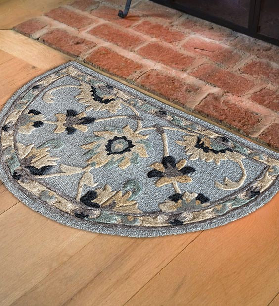 3' Round Beige and Blue Round Wool Floral Hand Woven Area Rug