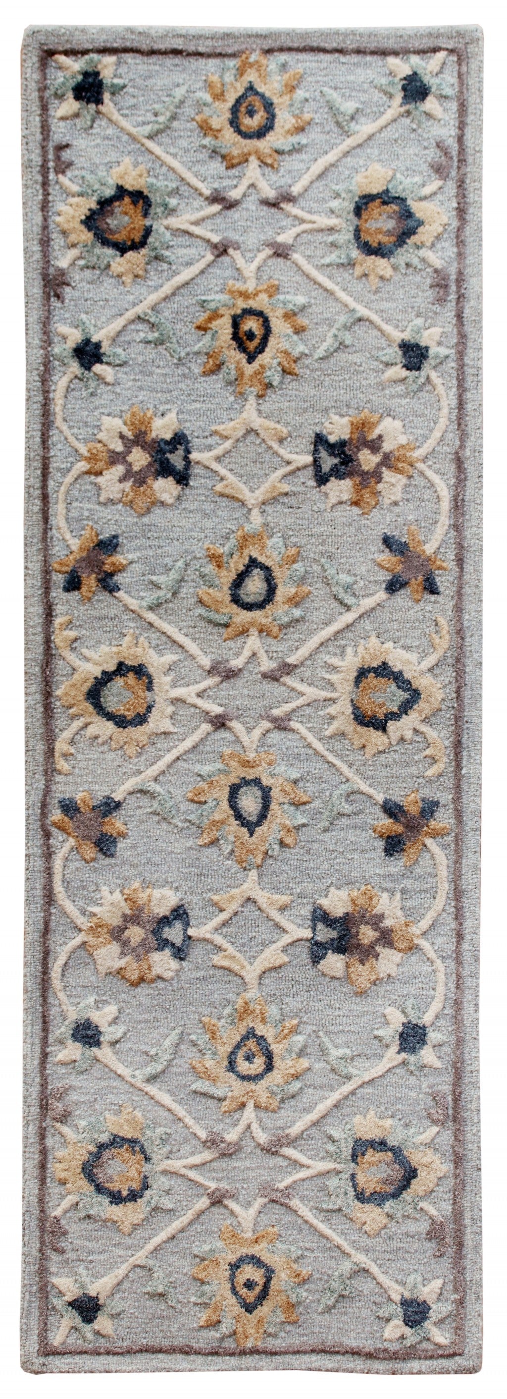 2' X 7' Blue And Beige Floral Runner Rug