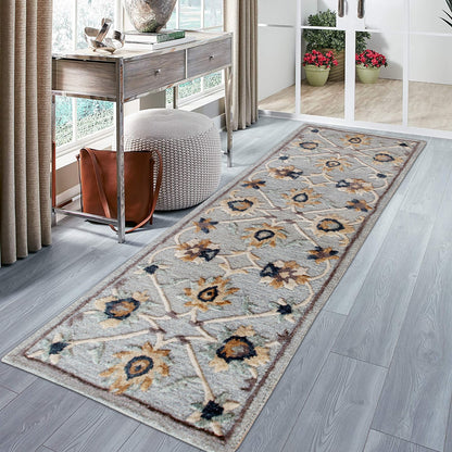 2' X 7' Blue And Beige Floral Runner Rug