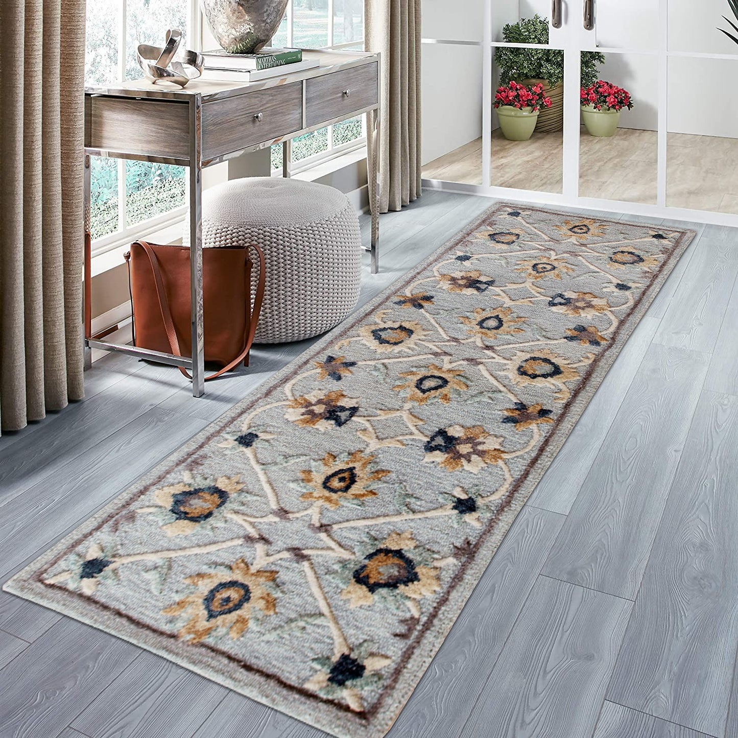 3' Round Beige and Blue Round Wool Floral Hand Woven Area Rug