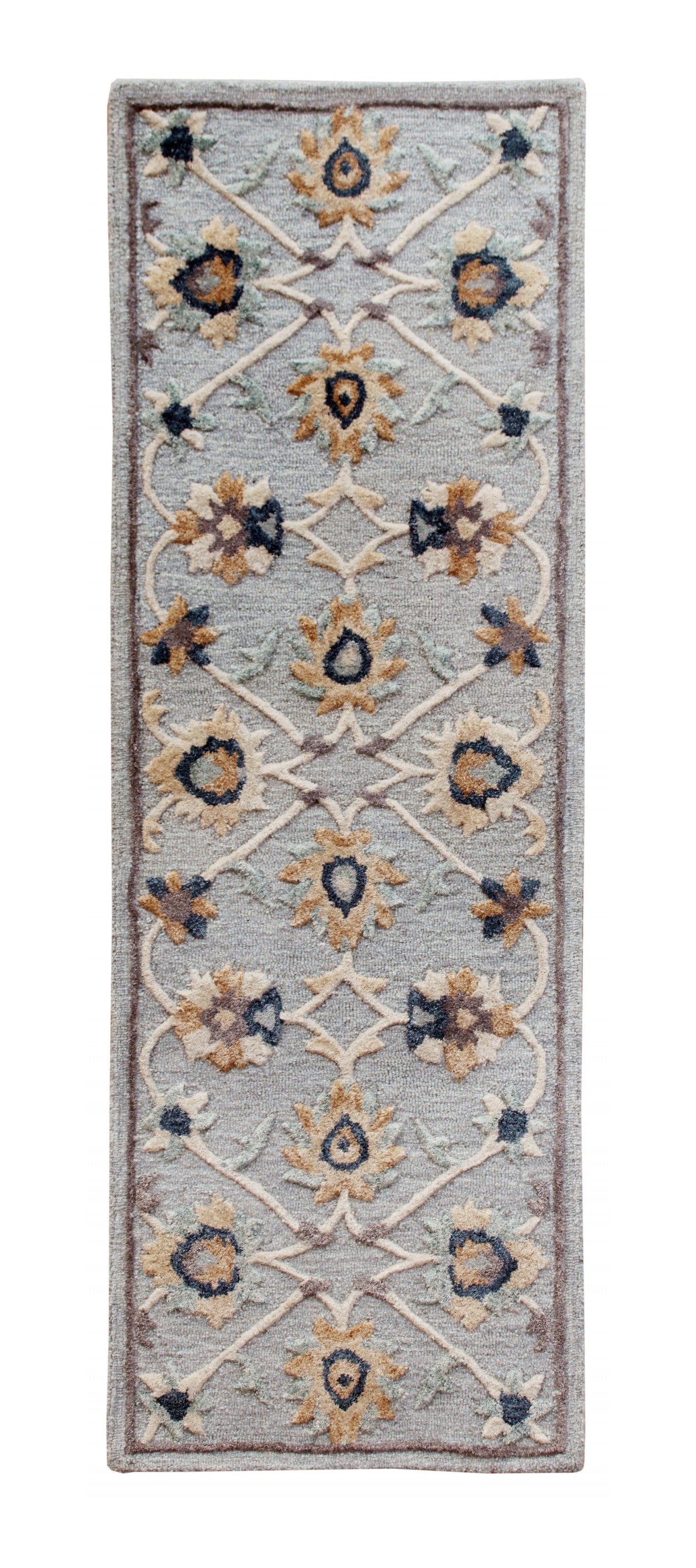 3' Round Beige and Blue Round Wool Floral Hand Woven Area Rug