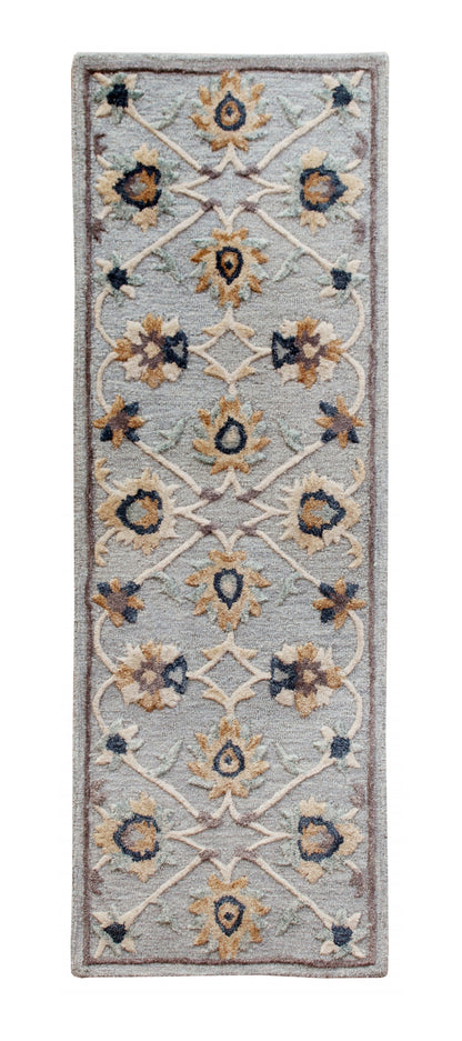 3' Round Beige and Blue Round Wool Floral Hand Woven Area Rug