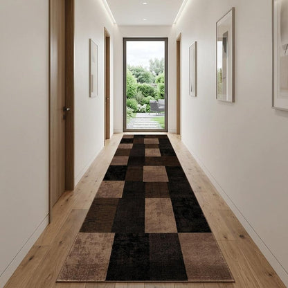 13' Brown And Black Geometric Shag Runner Rug