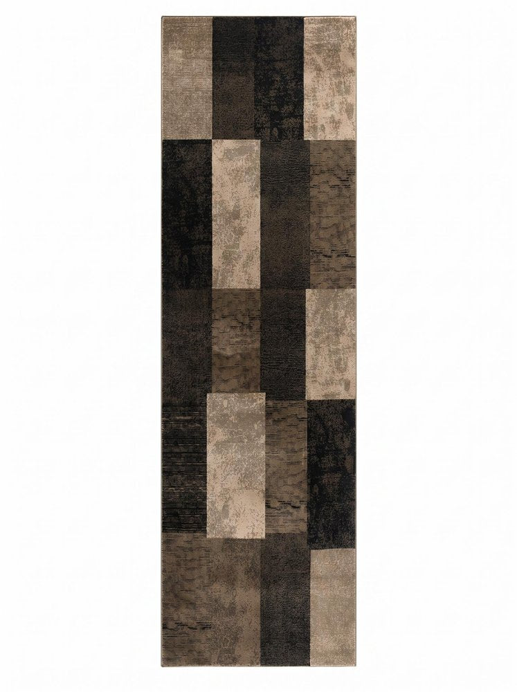 13' Brown And Black Geometric Shag Runner Rug