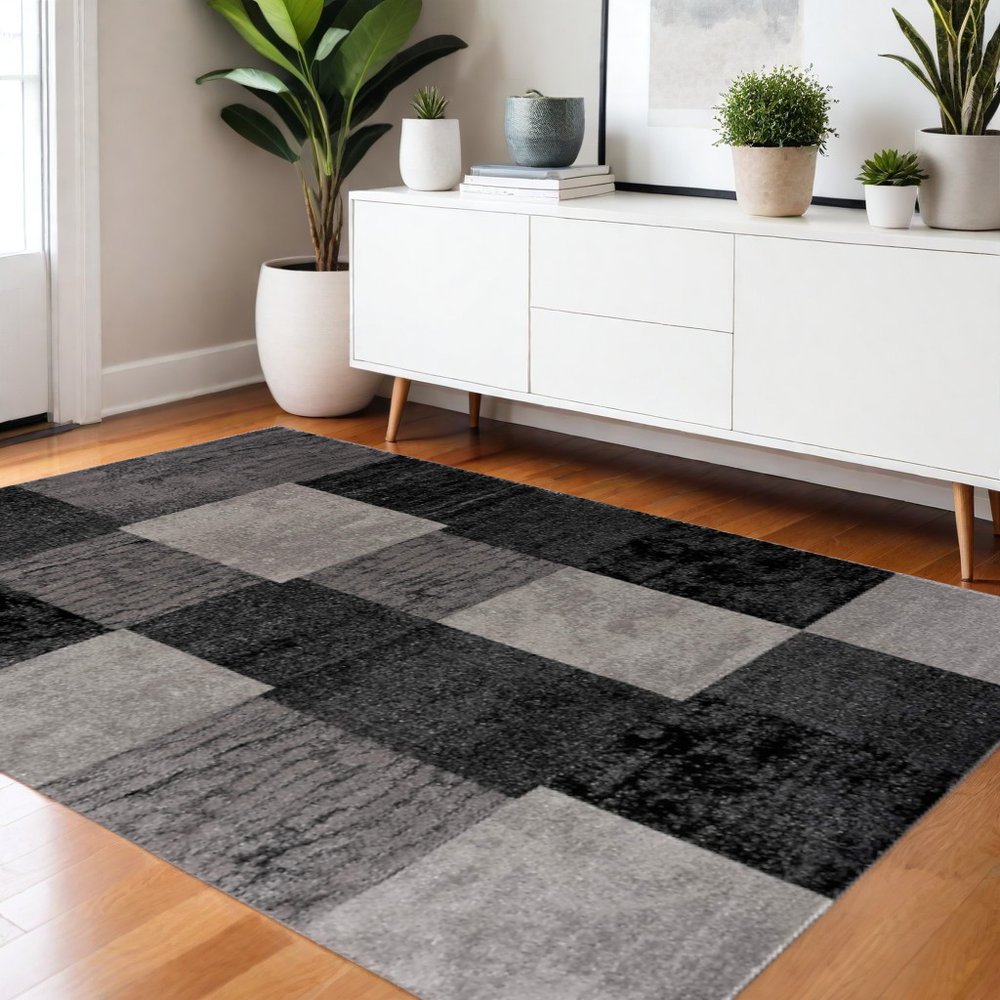 2' X 6' Gray Geometric Blocks Area Rug