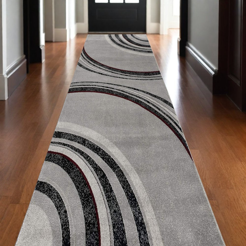 13' Gray And Black Abstract Shag Runner Rug