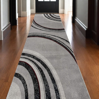 8' Gray and Black Geometric Power Loom Runner Rug