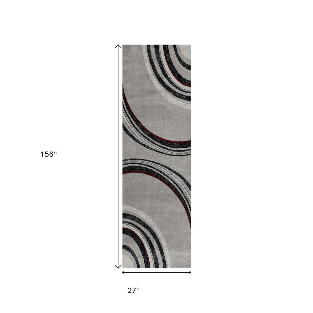 8' Gray and Black Geometric Power Loom Runner Rug