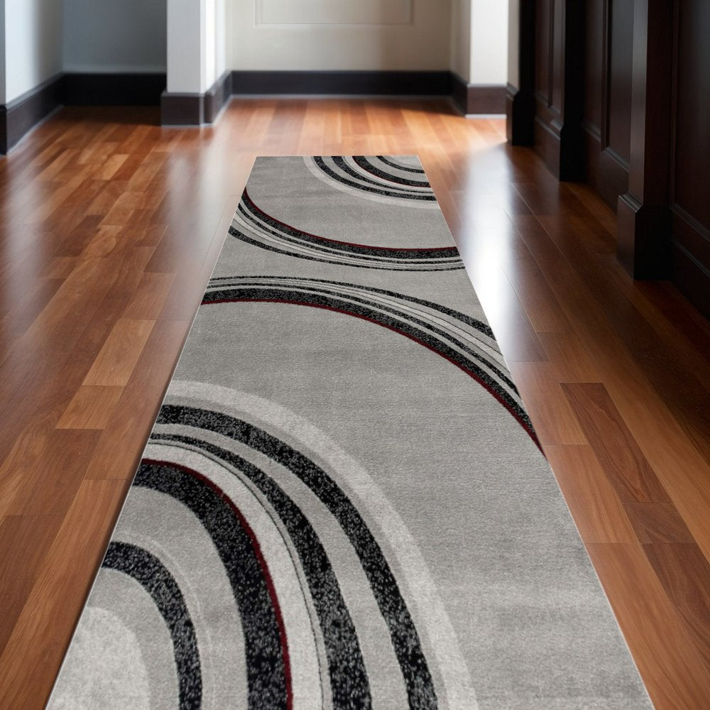8' Gray and Black Geometric Power Loom Runner Rug