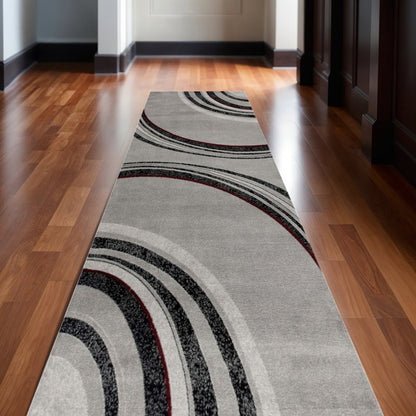 8' Gray and Black Geometric Power Loom Runner Rug