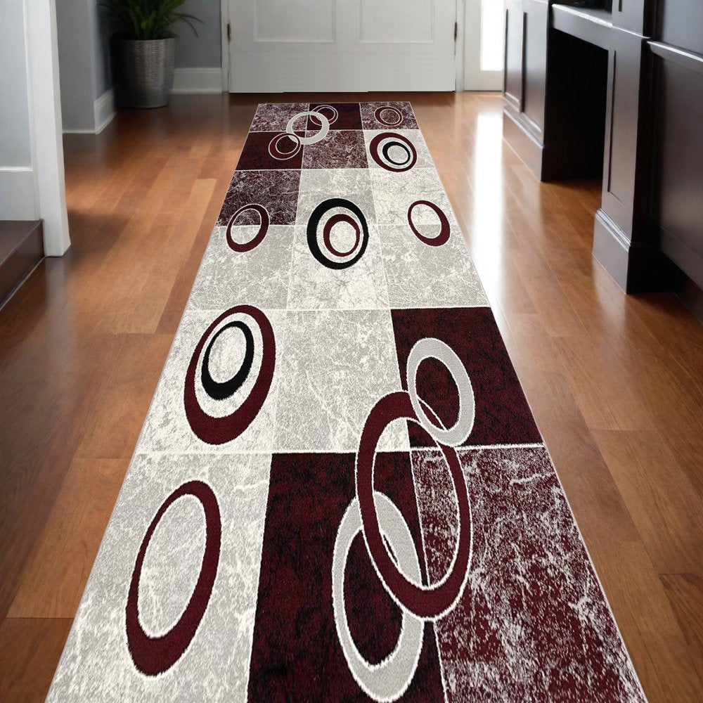 10' Red And White Abstract Runner Rug