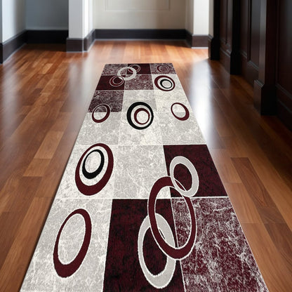 10' Red And White Abstract Runner Rug