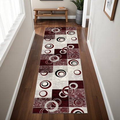 10' Red And White Abstract Runner Rug