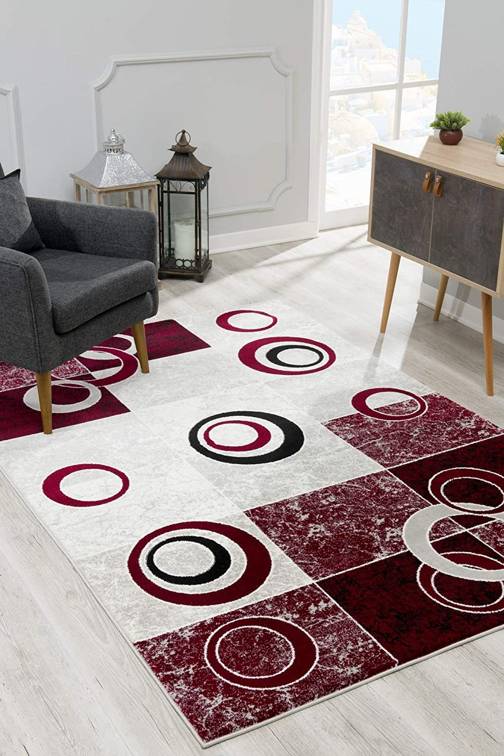 5' X 7' Red Abstract Dhurrie Area Rug