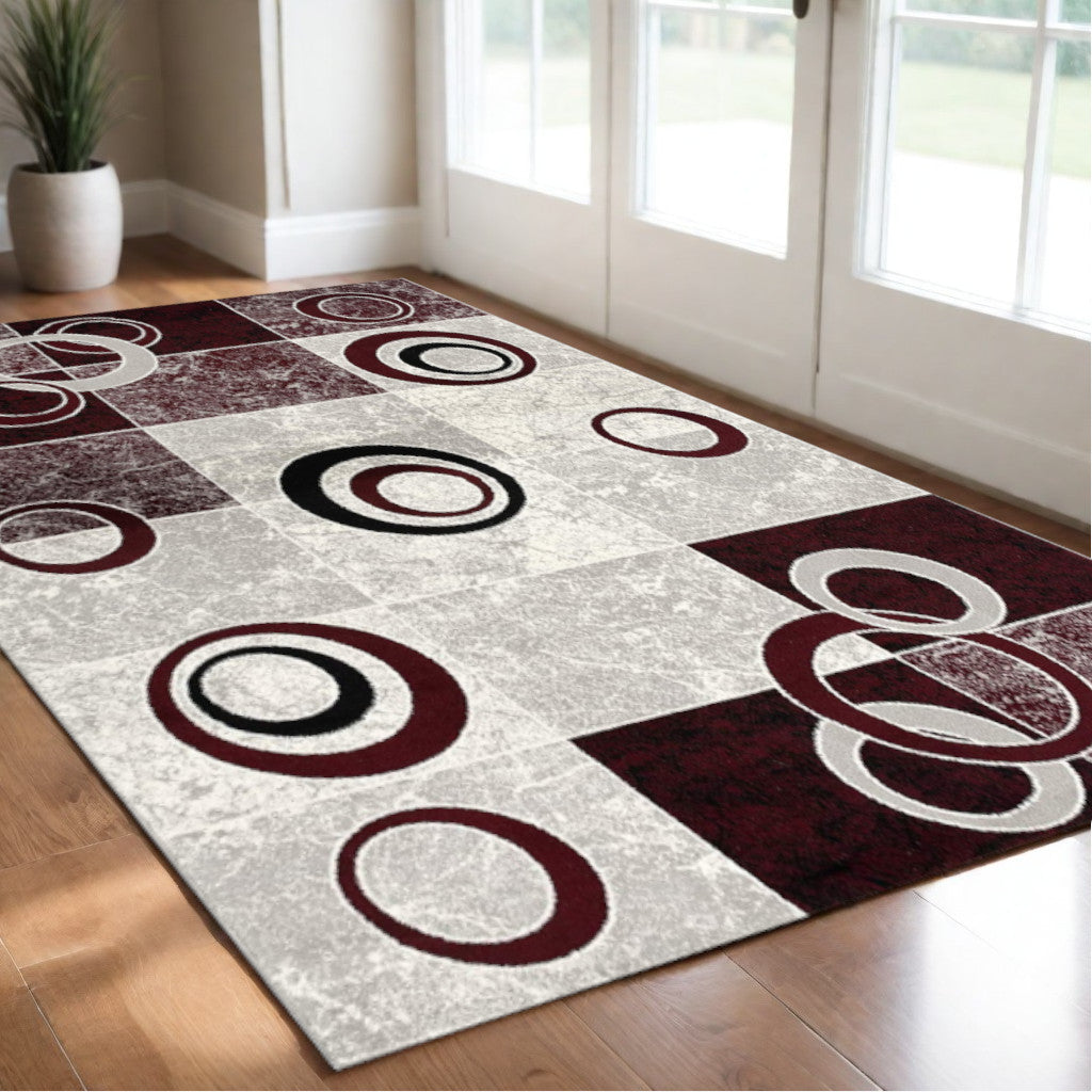 5' X 7' Red Abstract Dhurrie Area Rug