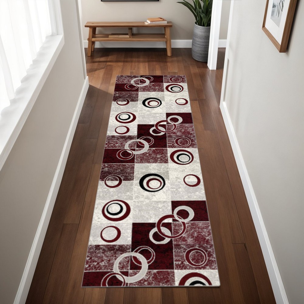 10' Red And White Abstract Runner Rug