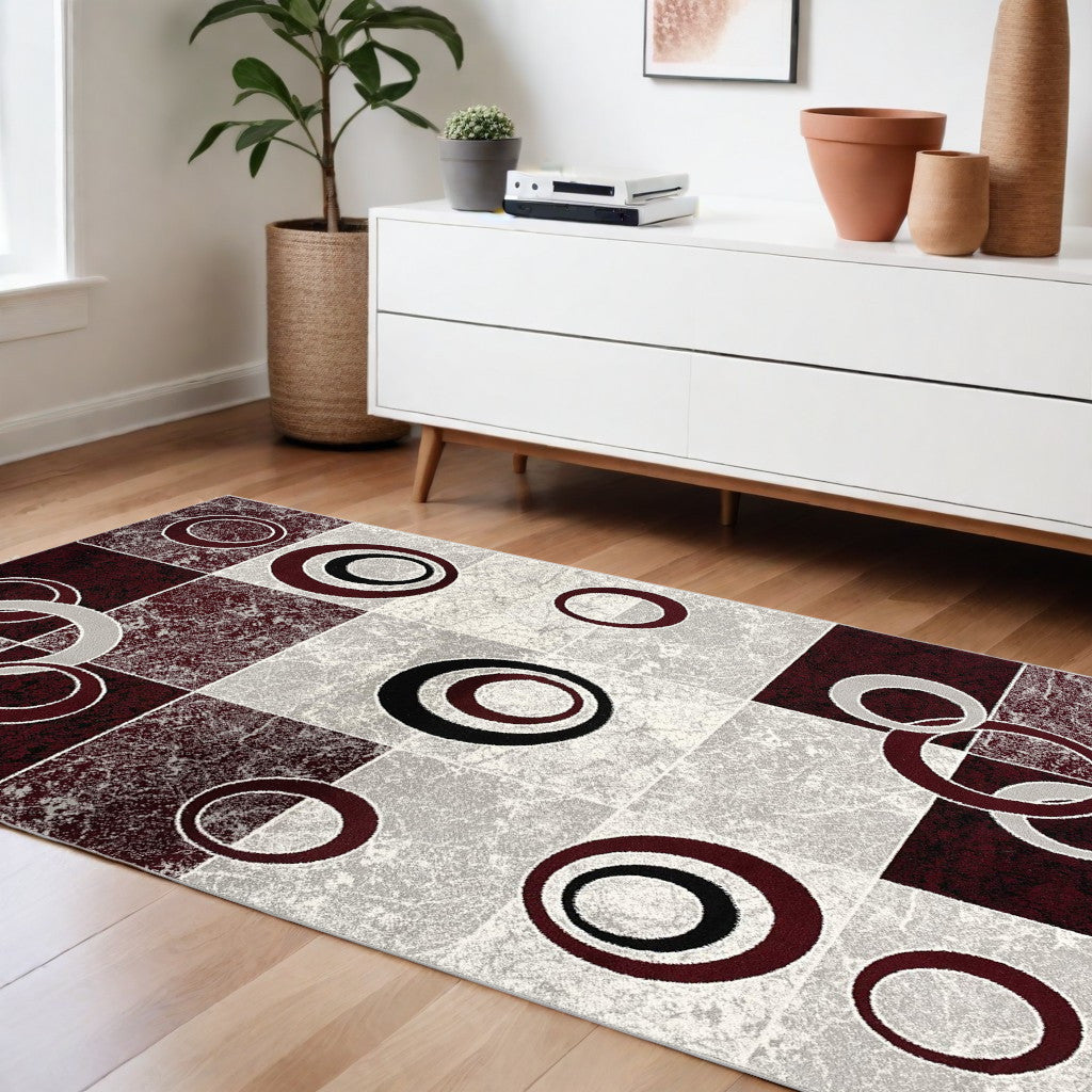 5' X 7' Red Abstract Dhurrie Area Rug