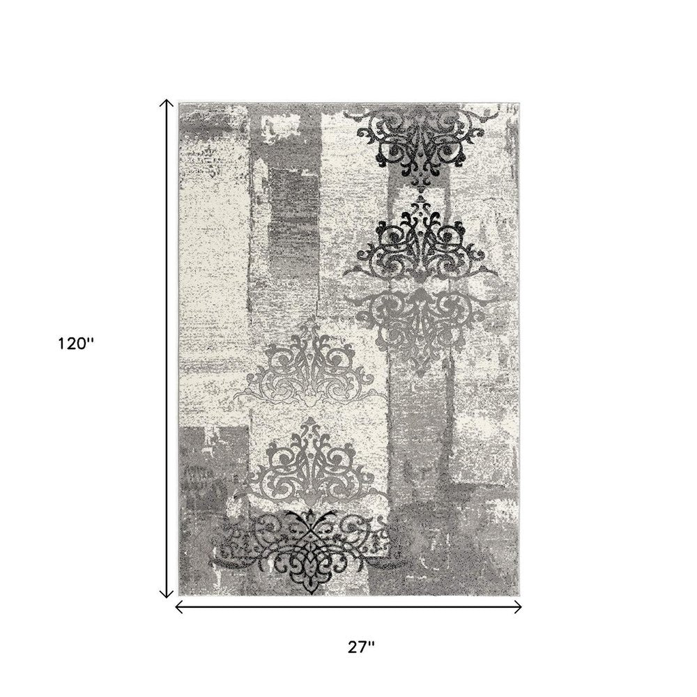 3' X 5' Gray And Ivory Damask Distressed Area Rug