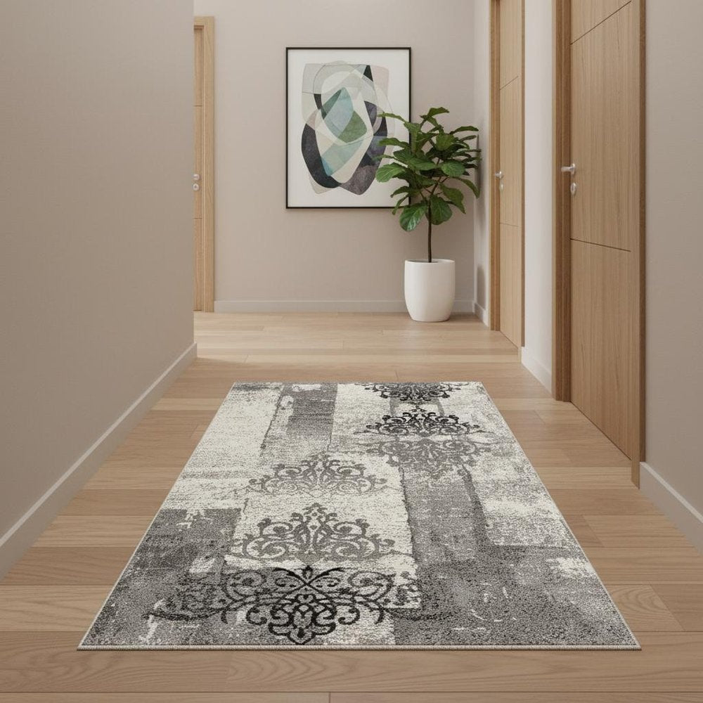 3' X 5' Gray And Ivory Damask Distressed Area Rug